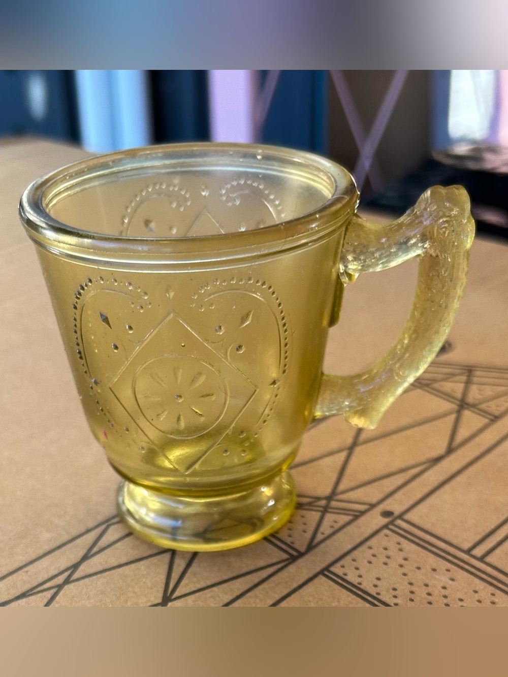 Vintage Antique Amber Pressed Glass Heart Baby Mug 1930s
